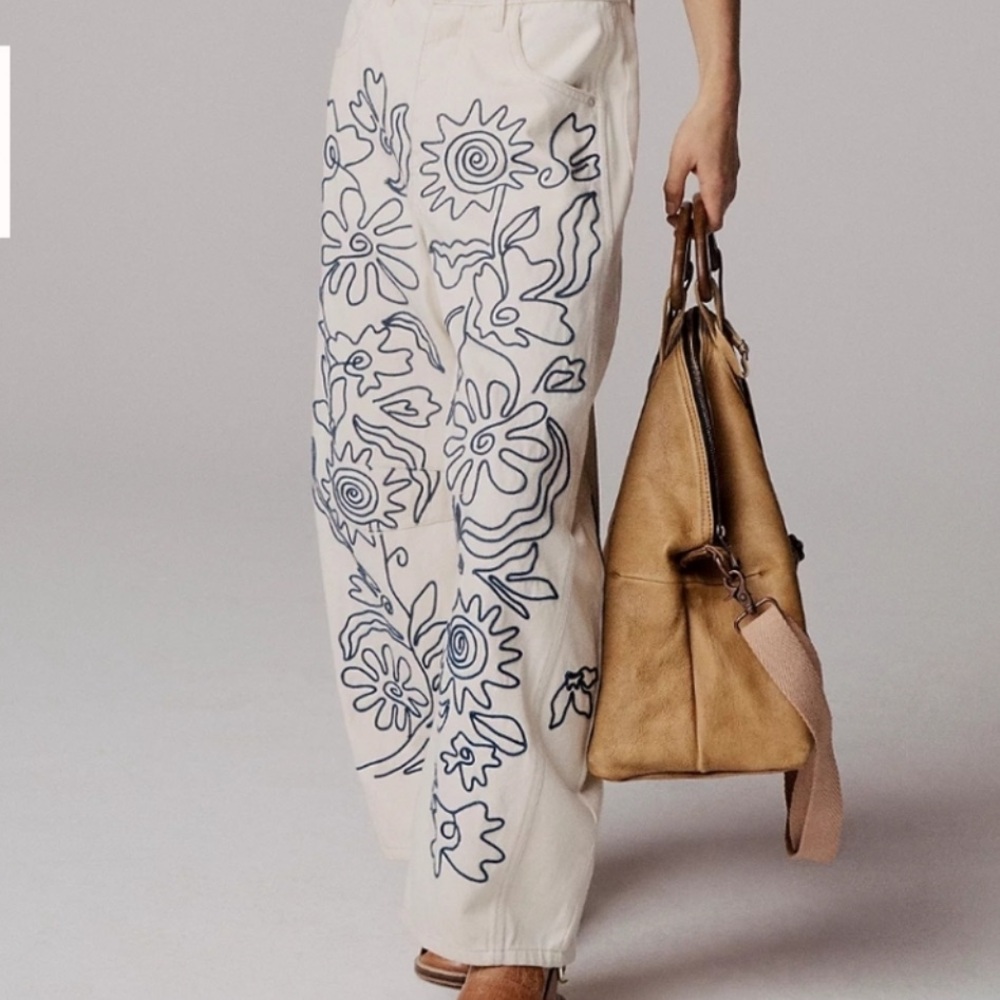 Free People White Wide Leg Jeans with Black Floral Doodle Print - Picture 2 of 9